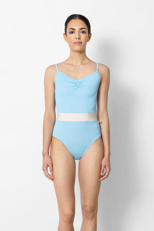 Micah leotard in T-Pool body & top color with N-Antique middle band color and T-Pool trim color