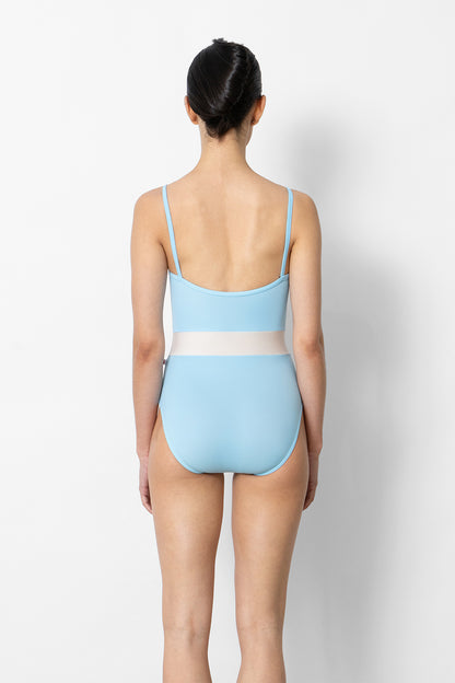 Micah leotard in T-Pool body & top color with N-Antique middle band color and T-Pool trim color