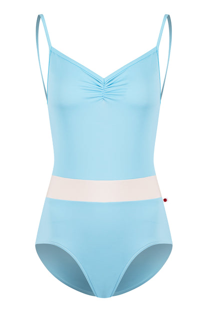 Micah leotard in T-Pool body & top color with N-Antique middle band color and T-Pool trim color