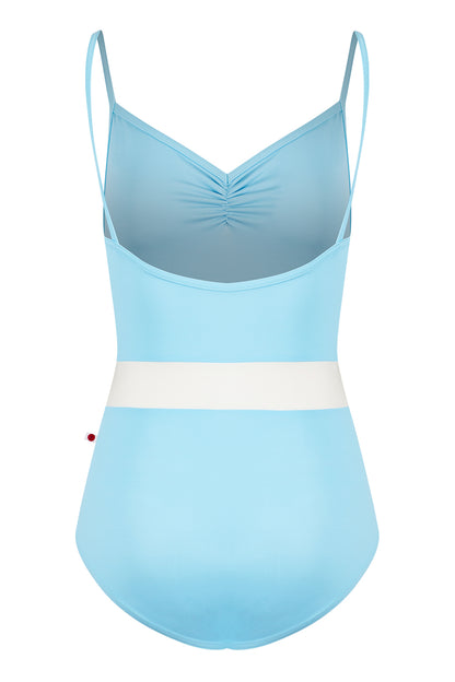 Micah leotard in T-Pool body & top color with N-Antique middle band color and T-Pool trim color