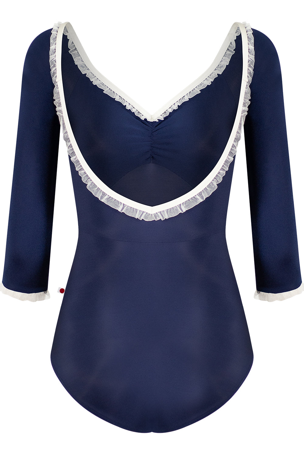 Elli leotard in N-Dark Blue body & Top color, N-Antique Trim, 3Q sleeves and White Ruffle