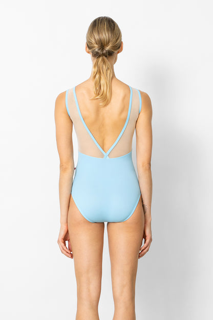 Alicia leotard in T-Pool bottom color with T-Vanilla top color, Mesh Vanilla and T-Pool trim color