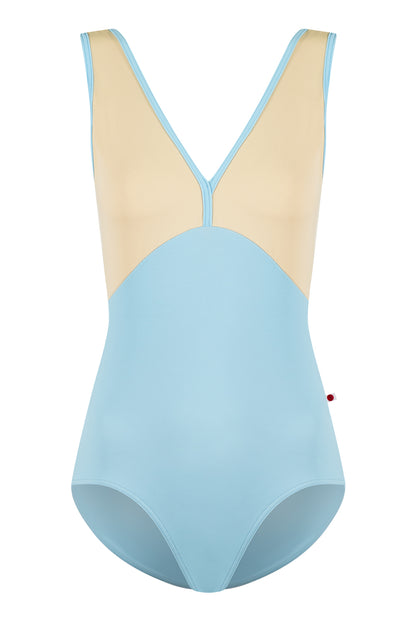 Alicia leotard in T-Pool bottom color with T-Vanilla top color, Mesh Vanilla and T-Pool trim color