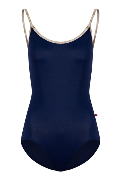 Fiona leotard in T-Cosmo body color with Mesh Dark Blue top color and CV-Toffee trim color
