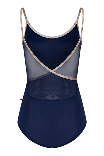 Fiona leotard in T-Cosmo body color with Mesh Dark Blue top color and CV-Toffee trim color