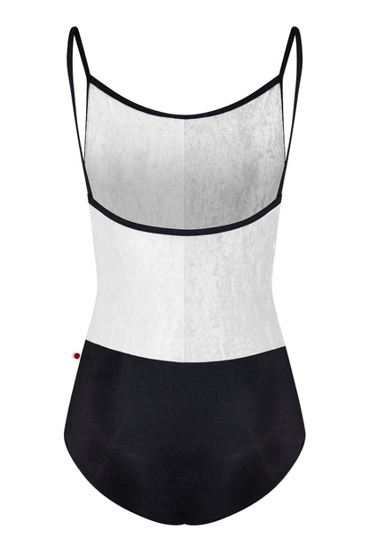 Kayoko leotard in N-Black body color with CV-Silver top right color, CV-White top left color and N-Black trim color