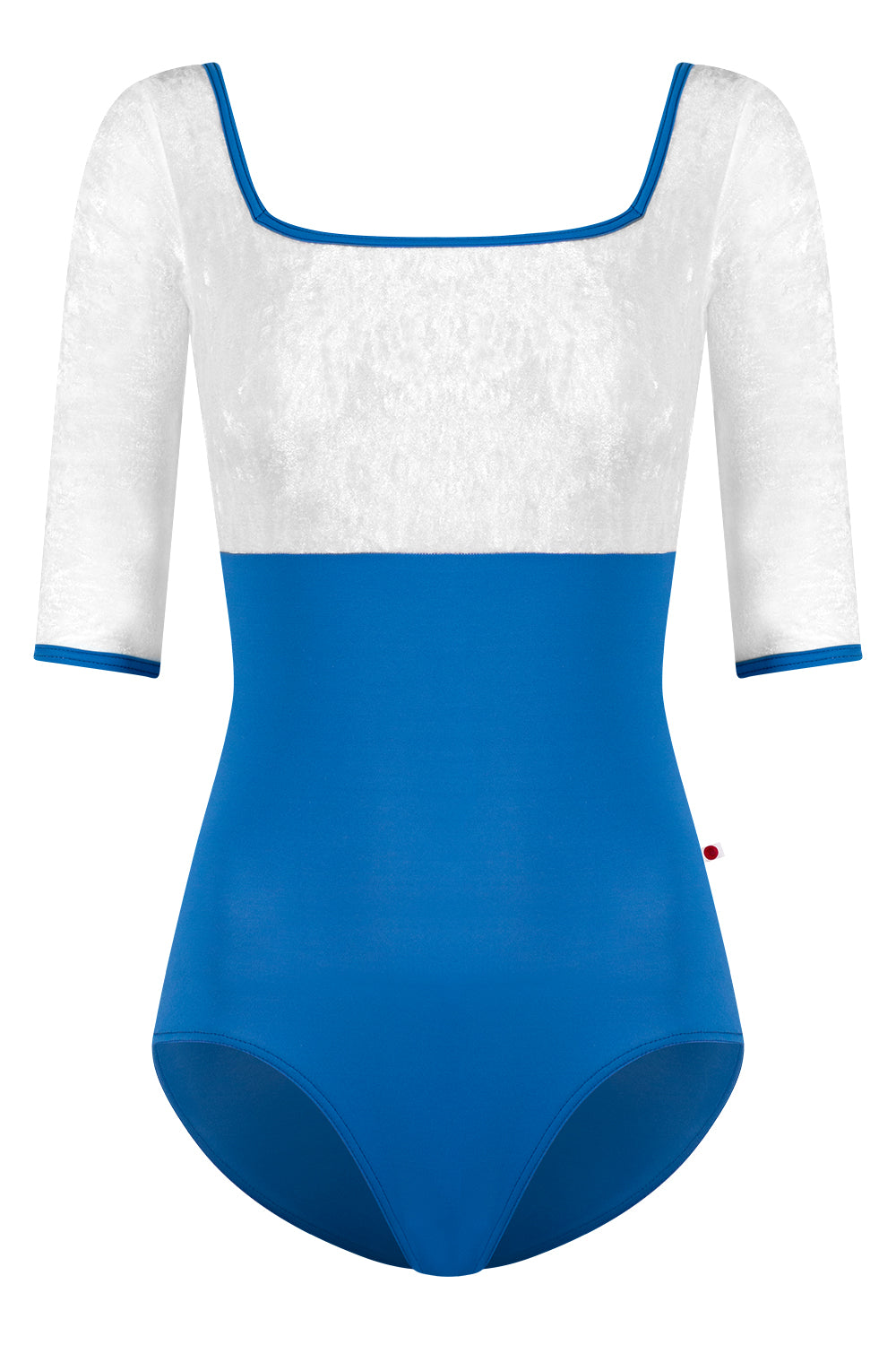 Marieke Duo leotard in T-Lapis body color with CV-White top color, T-Lapis trim color and Half Sleeves