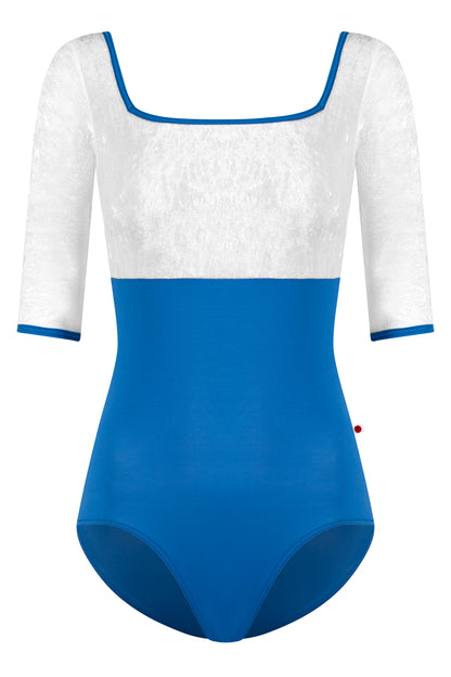 Marieke Duo leotard in T-Lapis body color with CV-White top color, T-Lapis trim color and Half Sleeves