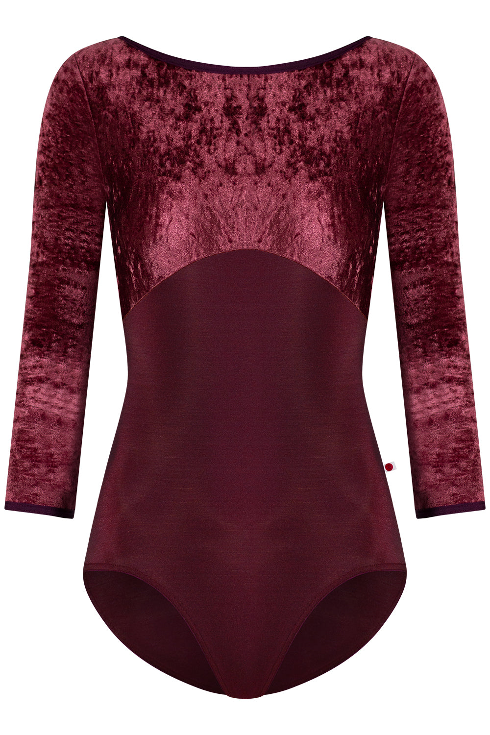 Sofiane Duo leotard in N-Burgundy body color with CV-Garnet top color, N-Burgundy trim color and  3Q sleeves