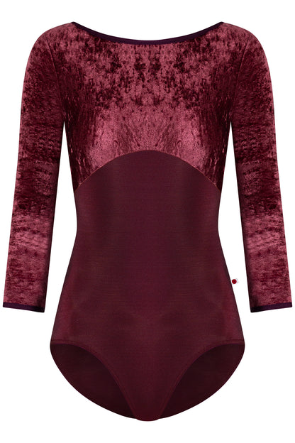 Sofiane Duo leotard in N-Burgundy body color with CV-Garnet top color, N-Burgundy trim color and  3Q sleeves