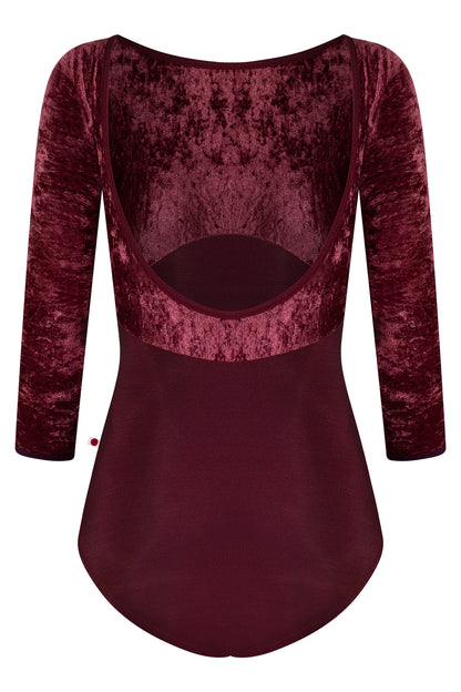 Sofiane Duo leotard in N-Burgundy body color with CV-Garnet top color, N-Burgundy trim color and  3Q sleeves