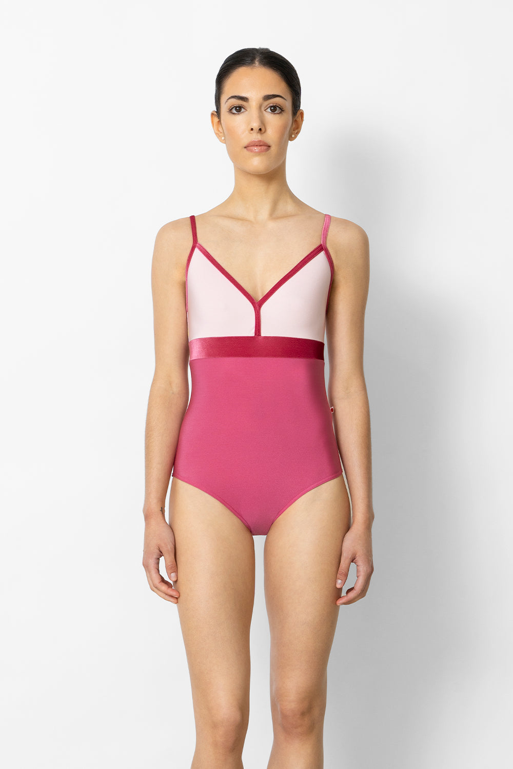 Zoe leotard in N-Waltz body color with N-Rose top color & V-Peony trim and middle band color