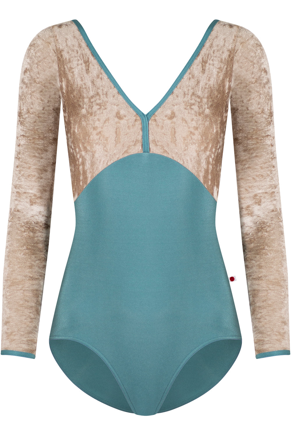 Alicia leotard in N-Frost body color with CV-Toffee top color & long sleeves and N-Frost trim color