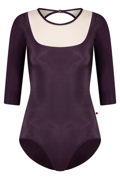 Cynthia leotard in N-Eggplant body color with Mesh Blush top color and N-Eggplant trim color & 3Q sleeves