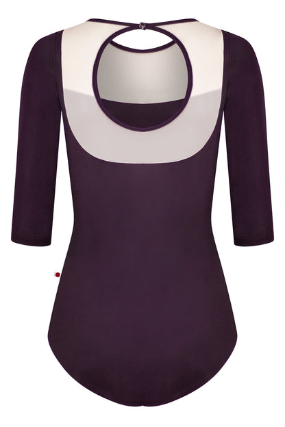 Cynthia leotard in N-Eggplant body color with Mesh Blush top color and N-Eggplant trim color & 3Q sleeves