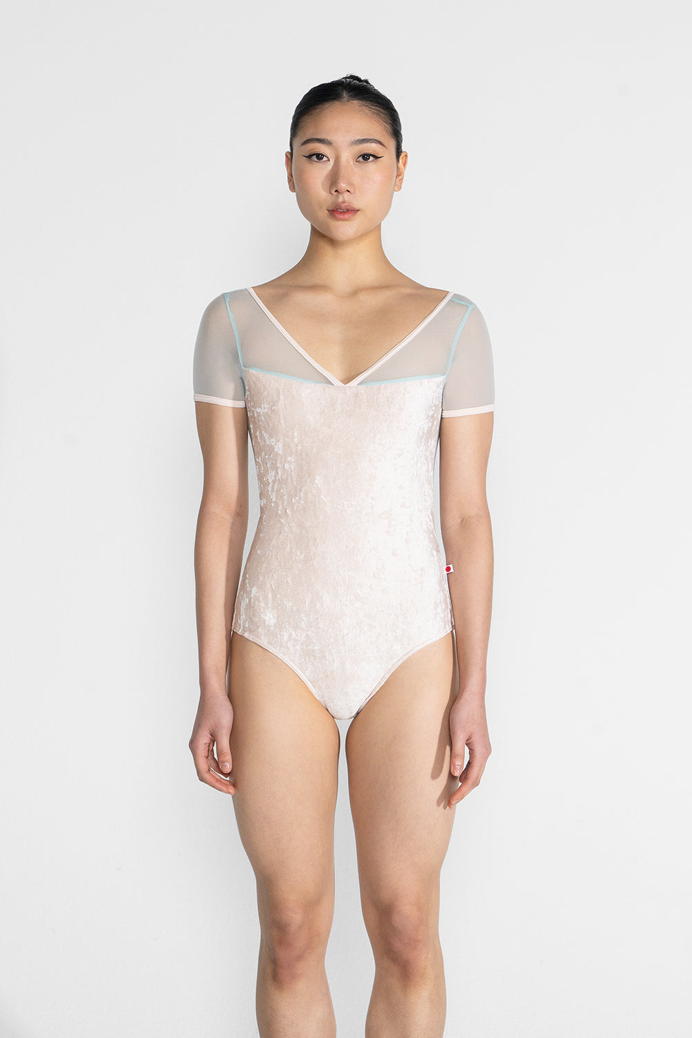 Masha leotard in CV-Misty Rose body color with Mesh Whisper top color & Short Sleeves and T-Misty Rose trim