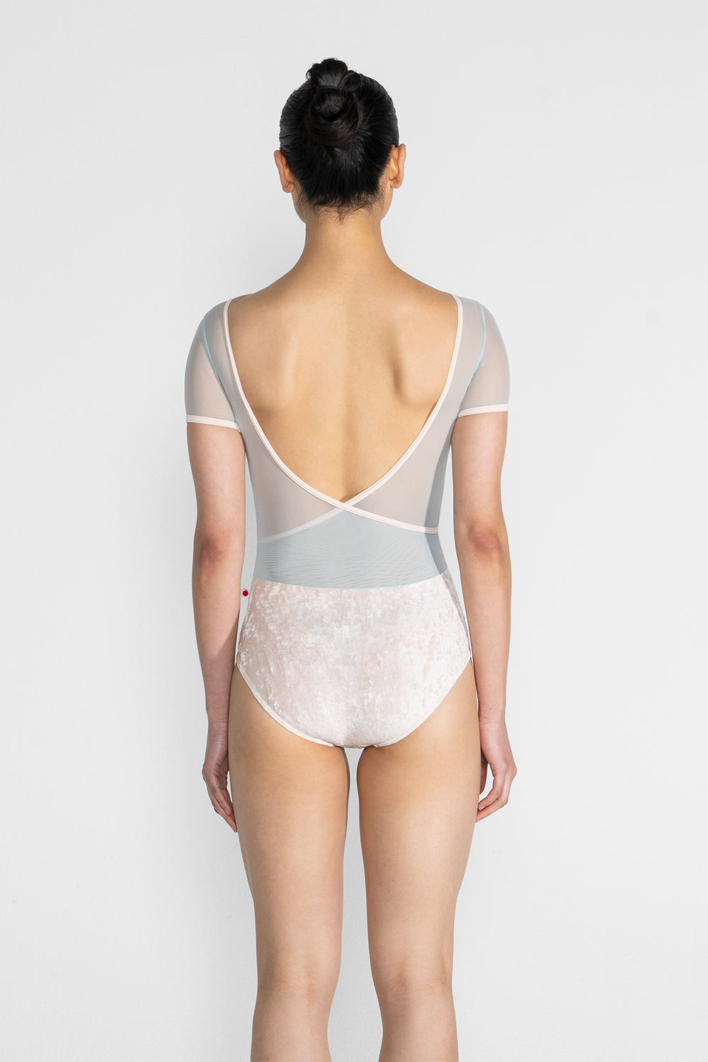 Masha leotard in CV-Misty Rose body color with Mesh Whisper top color & Short Sleeves and T-Misty Rose trim