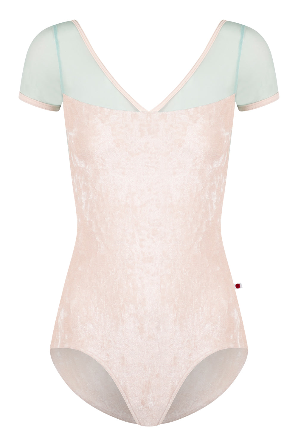 Masha leotard in CV-Misty Rose body color with Mesh Whisper top color & Short Sleeves and T-Misty Rose trim