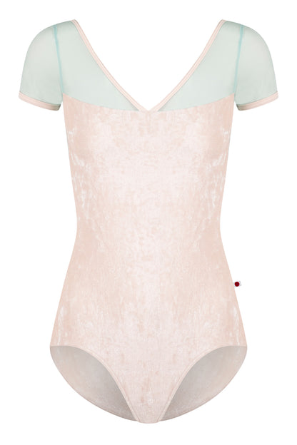 Masha leotard in CV-Misty Rose body color with Mesh Whisper top color & Short Sleeves and T-Misty Rose trim
