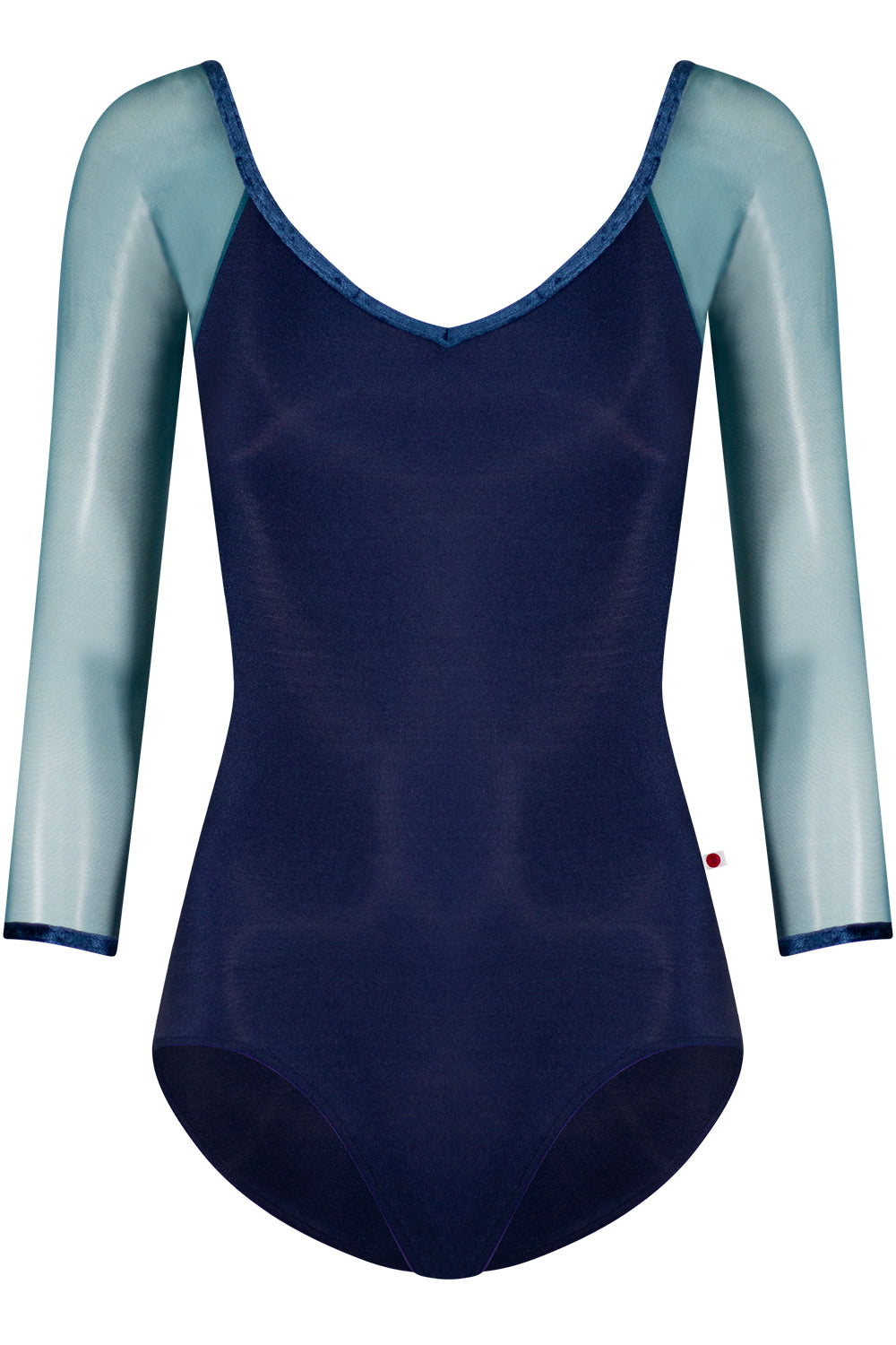 Nina leotard in N-Dark Blue body color with Mesh Lagoon top & 3Q sleeve color and CV-Dark Blue trim color