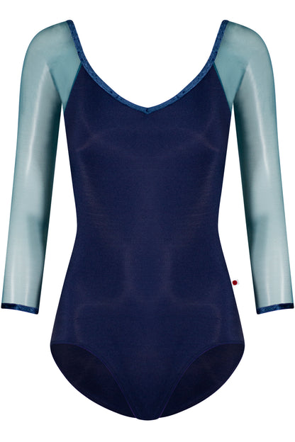 Nina leotard in N-Dark Blue body color with Mesh Lagoon top & 3Q sleeve color and CV-Dark Blue trim color
