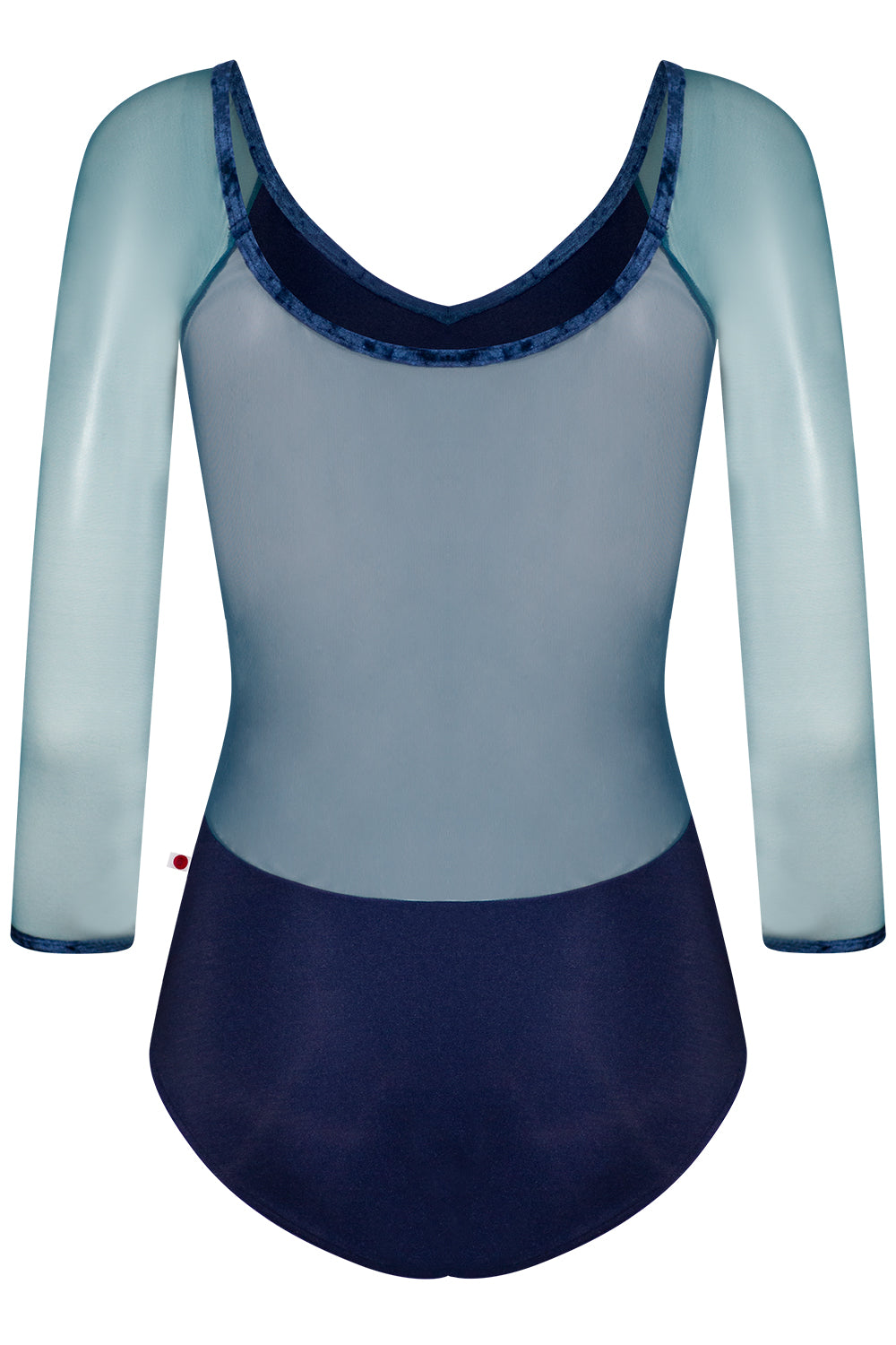 Nina leotard in N-Dark Blue body color with Mesh Lagoon top & 3Q sleeve color and CV-Dark Blue trim color