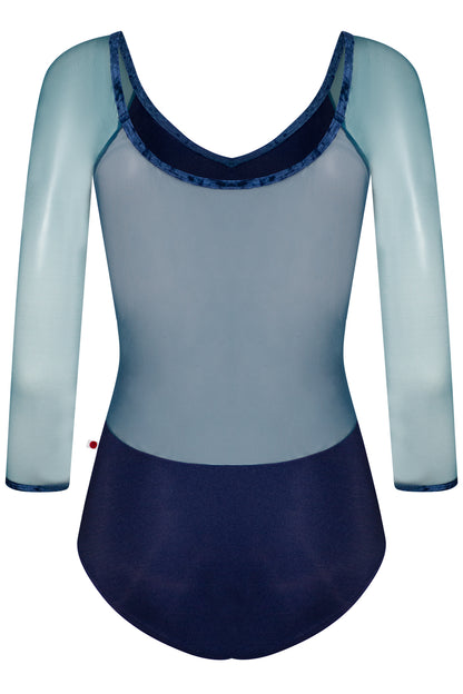 Nina leotard in N-Dark Blue body color with Mesh Lagoon top & 3Q sleeve color and CV-Dark Blue trim color