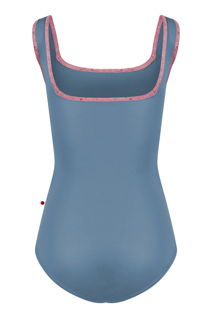 Kids Marieke leotard in T-Blue Grey body color with CV-Romance trim color