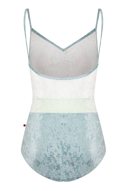 Micha leotard in CV-Ice body color with CV-White top color, CV-Ice trim color and CV-Pistachio middle band color