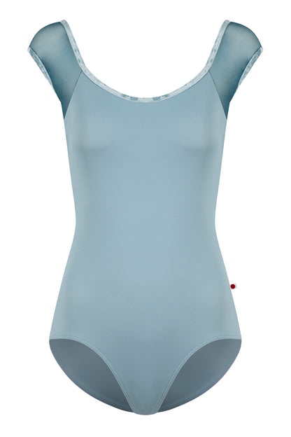 Wendy leotard with cap sleeves in T-Fog body color with Mesh Lagoon top color and CV-Ice trim color