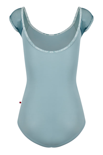 Wendy leotard with cap sleeves in T-Fog body color with Mesh Lagoon top color and CV-Ice trim color