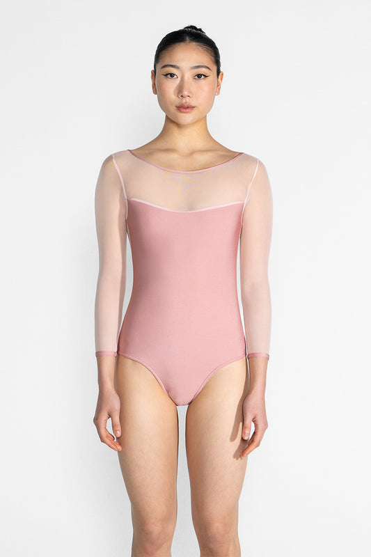 Meagan leotard in N-Antique Rose body & trim color with Mesh Blush top color and 3Q Sleeves