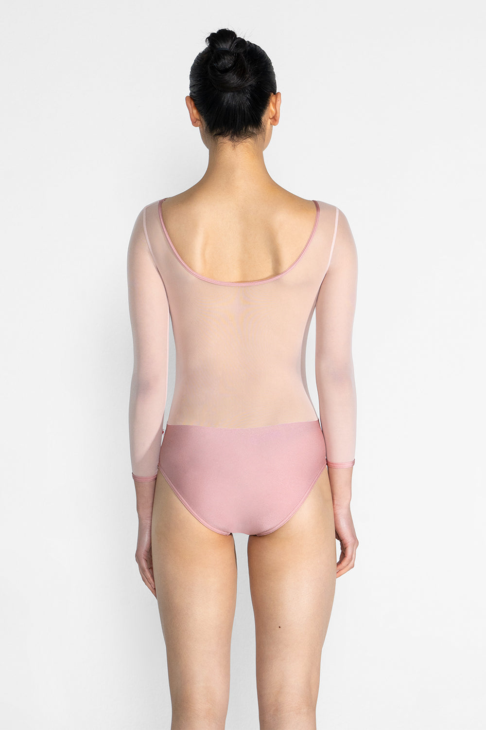 Meagan leotard in N-Antique Rose body & trim color with Mesh Blush top color and 3Q Sleeves