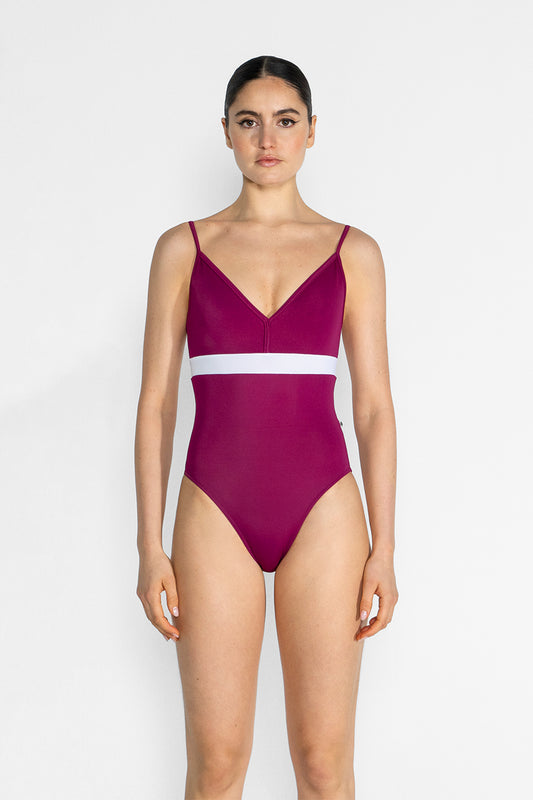 Zoe leotard in T-Maroon body, top & trim color and T-White middle band color