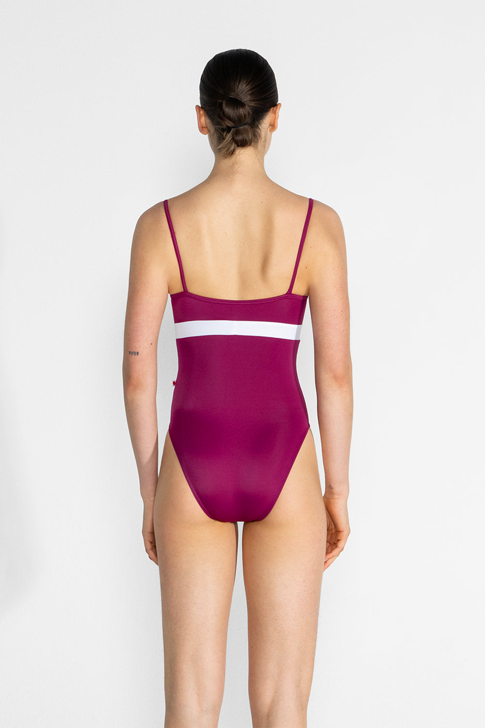 Zoe leotard in T-Maroon body, top & trim color and T-White middle band color