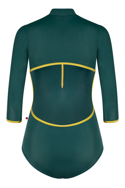 Charlotte leotard with 3Q sleeves in T-Kale body & sleeve color with N-Cricket trim & Zipper color
