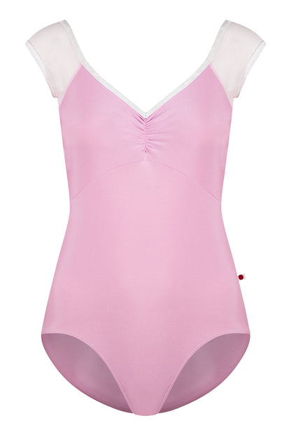 Elli mesh leotard in N-Confetti body color with Mesh Rose top color and CV-White trim color