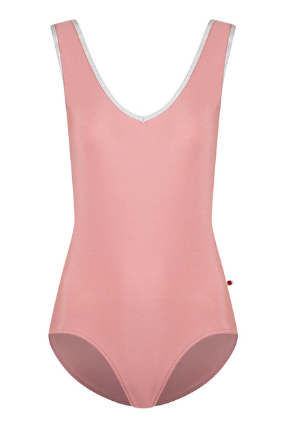 Gina Mesh leotard in N-Antique Rose body color with Mesh Blush top color and CV-Silver trim color