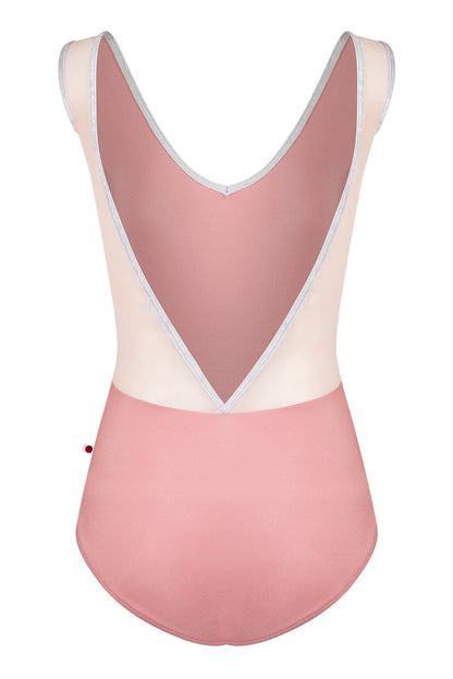 Gina Mesh leotard in N-Antique Rose body color with Mesh Blush top color and CV-Silver trim color