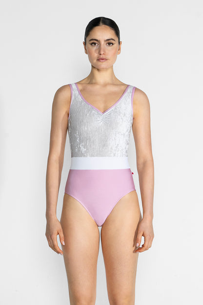 Lucy leotard in N-Confetti body & trim color with CV-Silver top color and T-White middle band color