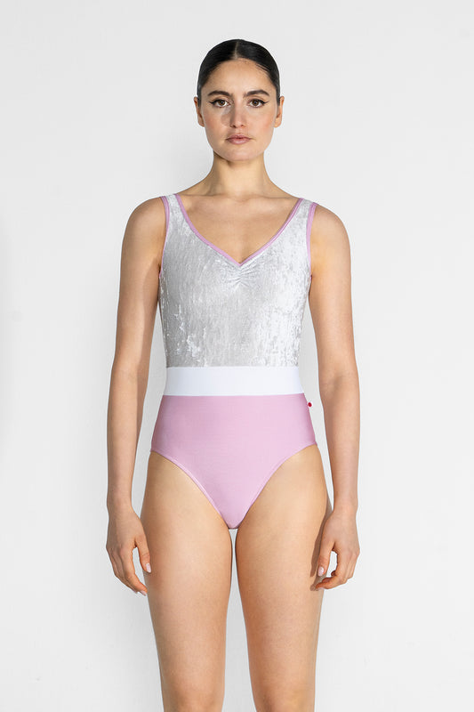 Lucy leotard in N-Confetti body & trim color with CV-Silver top color and T-White middle band color