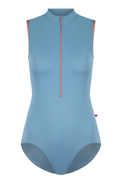 Jessica leotard in T-Blue Grey body color with Mesh Blush top color and N-Rosewood trim color