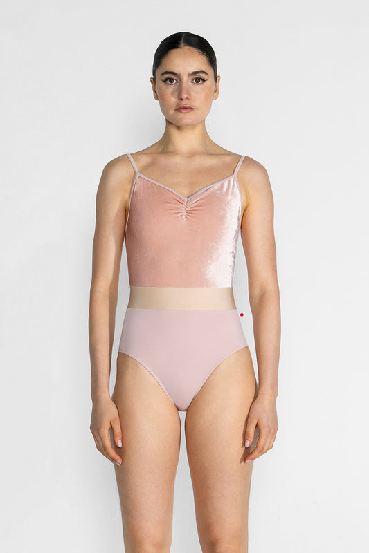 Micah leotard in T-Petal body color with V-Blush top color, T-Petal trim color and N-Base middle band color