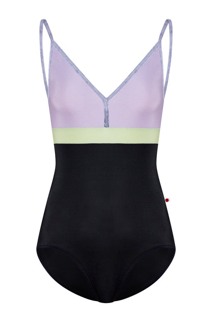 Zoe leotard in T-Black body color with N-Poem top color, CV-Angelic trim color and N-Ginko middle band color