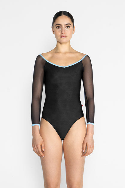 Nina leotard in N-Black body color with Mesh Black top color and T-Pool trim color