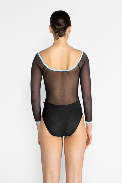 Nina leotard in N-Black body color with Mesh Black top color and T-Pool trim color