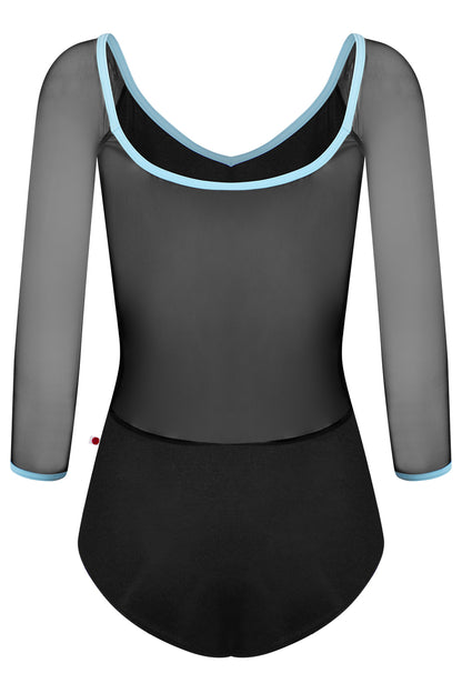 Nina leotard in N-Black body color with Mesh Black top color and T-Pool trim color