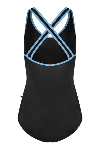 Sonoya leotard in N-Black body color with T-Bluebell trim color