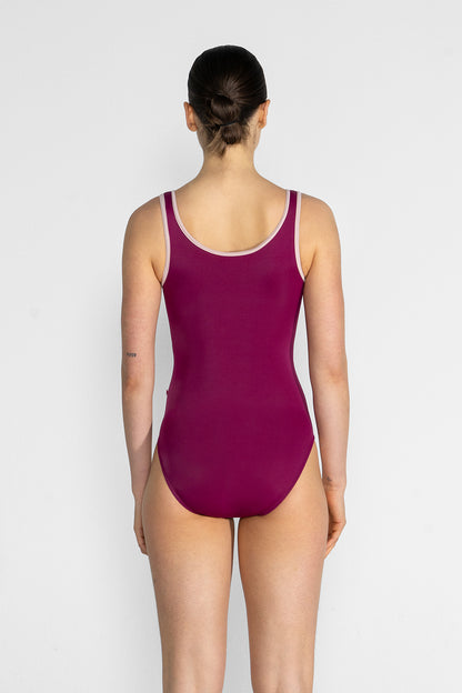 Cora leotard in T-Maroon body color with T-Petal trim & zipper color