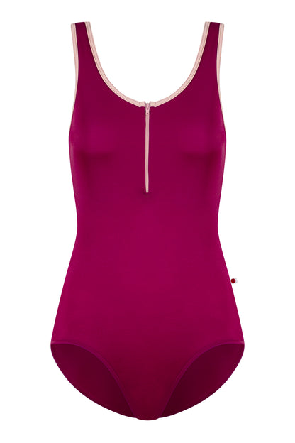Cora leotard in T-Maroon body color with T-Petal trim & zipper color